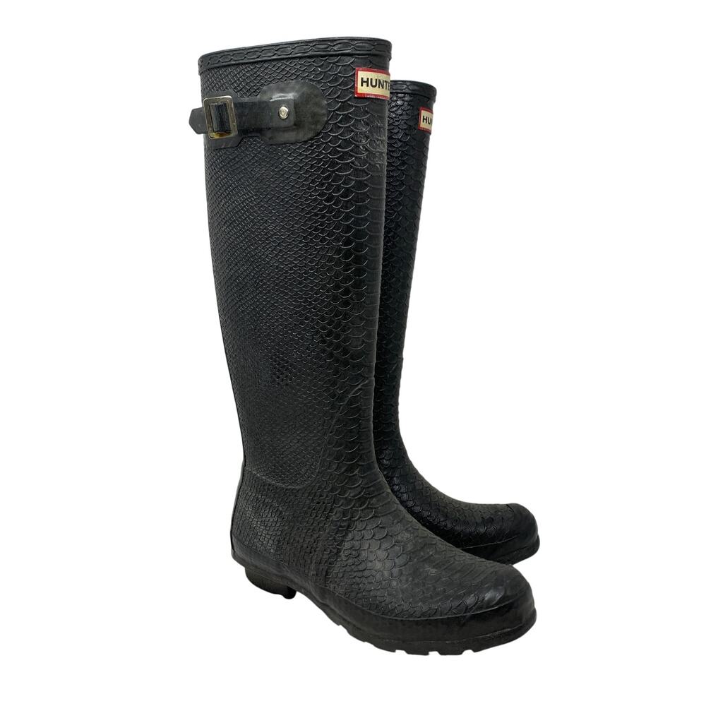 Hunter Carnaby Boa Snake Tall Boots Womens US 7M 8F Black Embossed Snakeskin